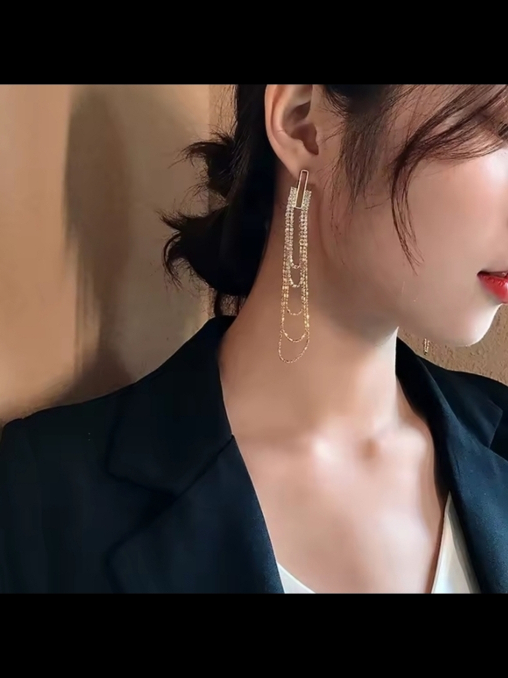 Gold Rhinestone Waterfall Earrings - Picture 2 of 5
